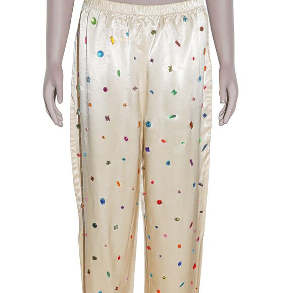 Jeweled Satin High-Waisted Tapered Leg Pants Evening Glam Trousers - Picture 3 of 4